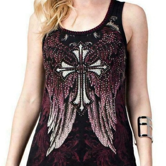 Vocal Black and Burgundy Winged Cross Tank Top - Picture 1 of 9